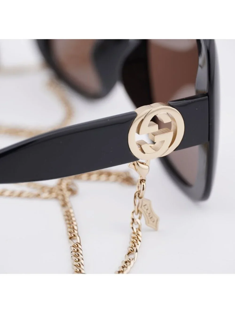 Gucci GG1029SA 005 Sunglasses Black with Gold Chain Square Frame, Brown Lenses